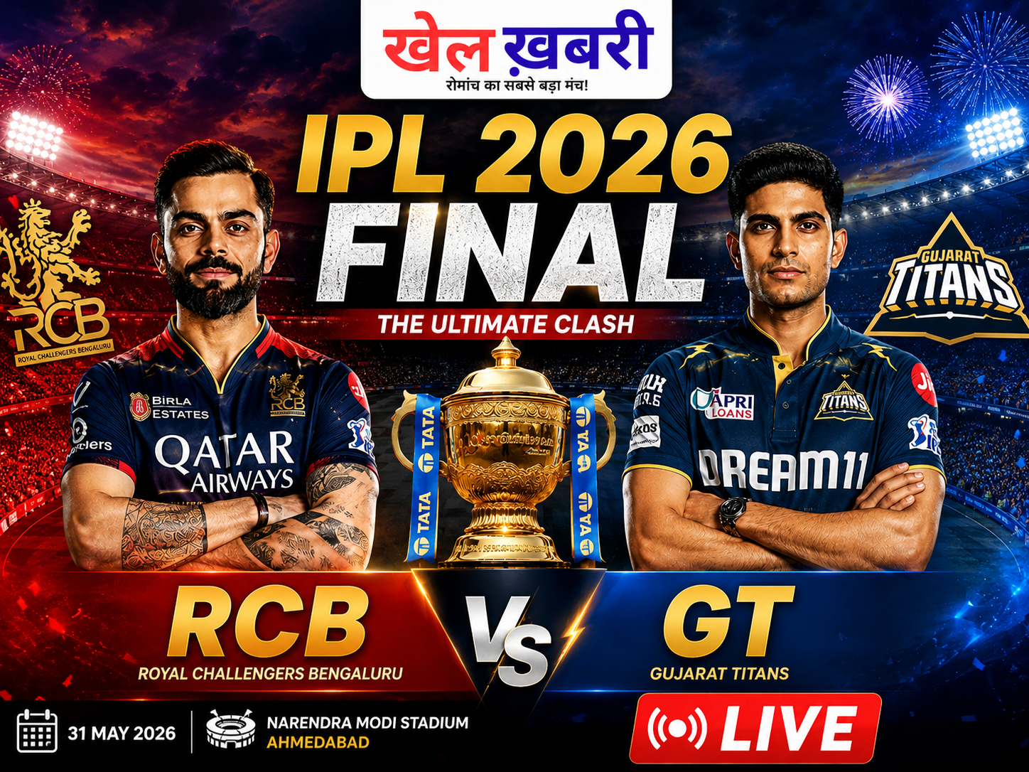 RCB vs GT, IPL 2026 Final, LIVE Cricket Score, IPL 2026 Final , RCB vs GT LIVE Score Today, IPL Final 2026 LIVE Match Updates, Bangalore vs Gujarat LIVE Scorecard, Narendra Modi Stadium Pitch Report, RCB vs GT Playing 11 Today Match, IPL 2026 Final LIVE Streaming